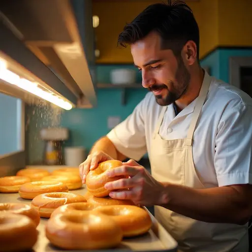 Krispy Kreme honey bun getting glazed with warm, sugary icing on a bakery conveyor line