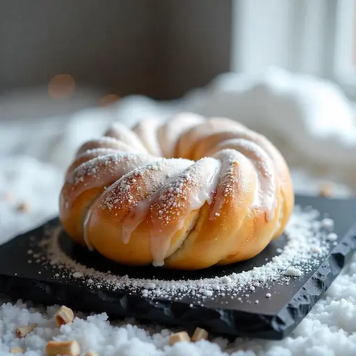 Jumbo white iced Krispy Kreme honey bun on a ceramic plate with a fork and coffee mug