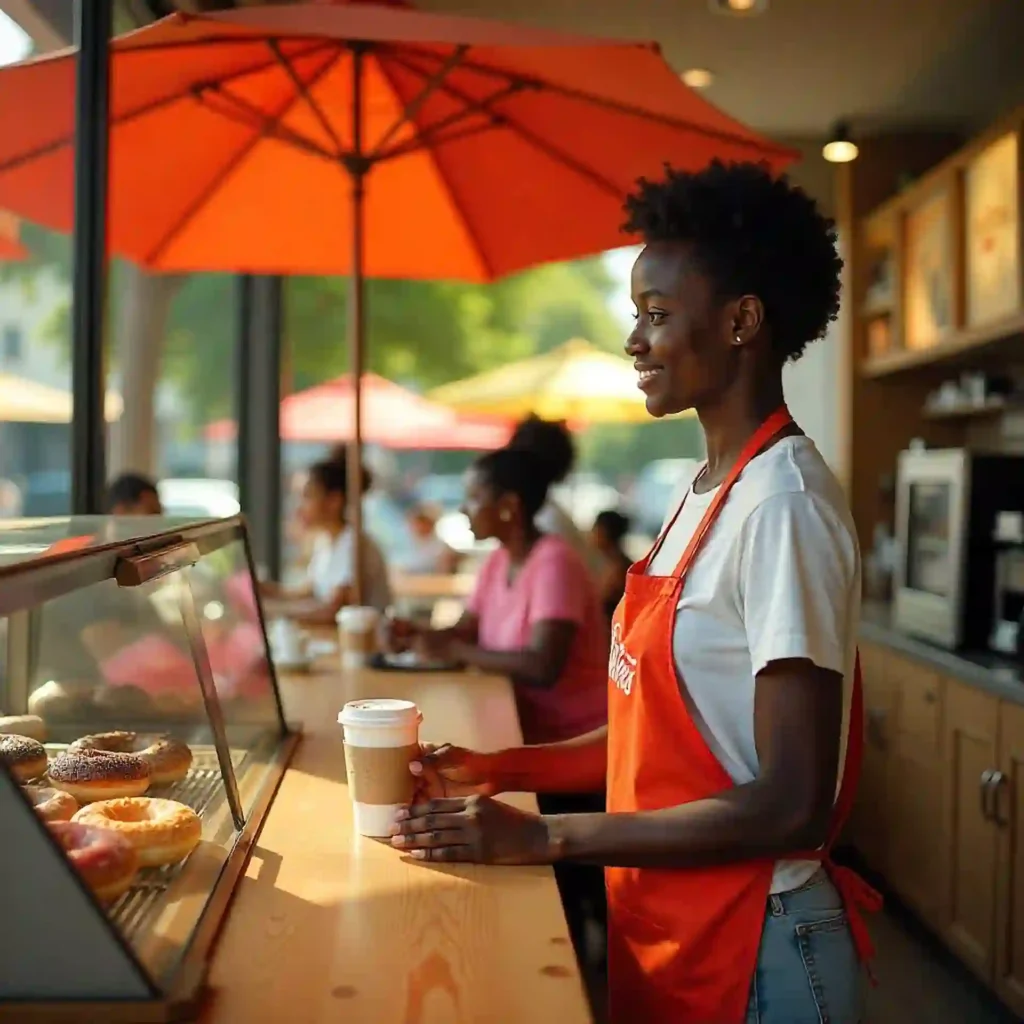 Bright, modern Krispy Kreme café interior with coffee and colorful fresh doughnuts on display.