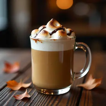 Close-up of a Krispy Kreme S’mores Latte topped with toasted marshmallows and rich chocolate drizzle.