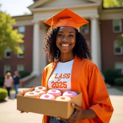 Smiling Class of 2025 graduate holding a box of free donuts while wearing graduation cap and gown.