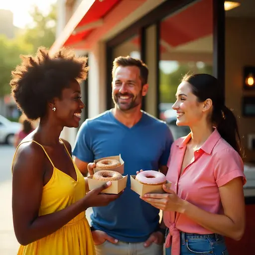 Happy customers standing outside Krispy Kreme holding free donuts and smiling.