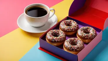 Assorted Krispy Kreme doughnuts neatly arranged on a tray alongside a cup of coffee, set on a light wooden surface