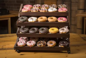 Stacks of assorted donuts neatly arranged on metal trays, showcasing a variety of glazes, toppings, and fillings