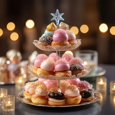 Elegant Krispy Kreme doughnut tower displayed at a wedding reception, decorated with flowers and surrounded by dessert table decor.
