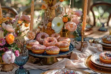 Krispy Kreme catering menu box displayed at a wedding or event setup, surrounded by elegant table décor and dessert arrangements.








