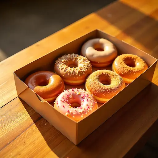 Box of various Krispy Kreme donuts.