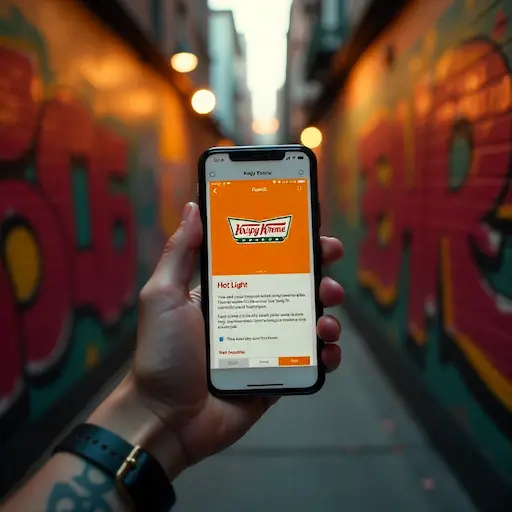 Customer using Krispy Kreme coupons USA on mobile app to get discounted fresh glazed donuts.