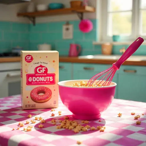 Modern kitchen counter with gluten-free doughnut mix, mixing bowl, and colorful sprinkles prepared for baking.