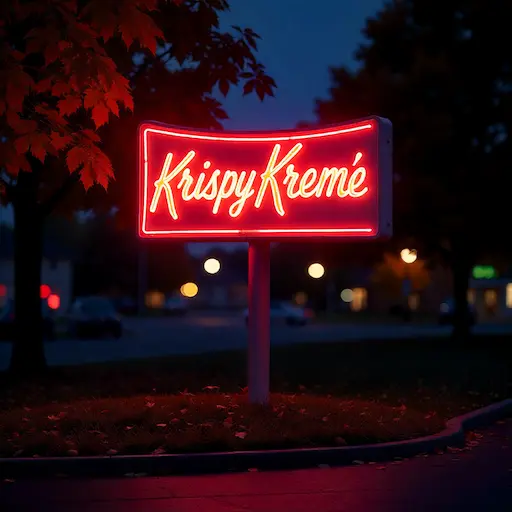 A vibrant neon red Krispy Kreme Hot Light sign glows brightly against a dark night sk