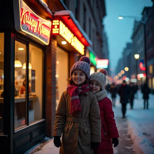 Krispy Kreme Hot Light sign illuminated at dusk, attracting customers to the store.