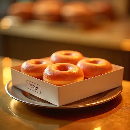 Box of Krispy Kreme Original Glazed donuts under warm lighting, not suitable for gluten-free diets.
