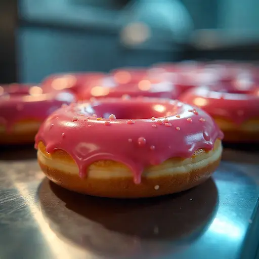 Freshly glazed Krispy Kreme Original Glazed donuts moving down the conveyor belt under the hot light
