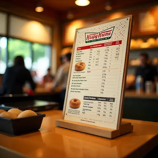 Krispy Kreme nutrition chart showing calories, fat, sugar, and carbs per donut