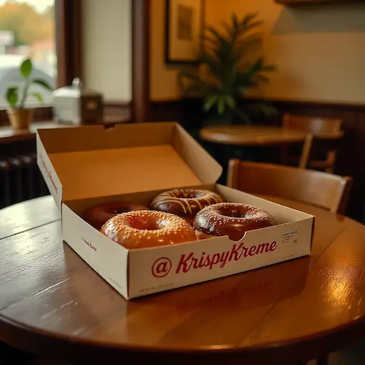 Open Krispy Kreme delivery box filled with a variety of fresh glazed and specialty donuts