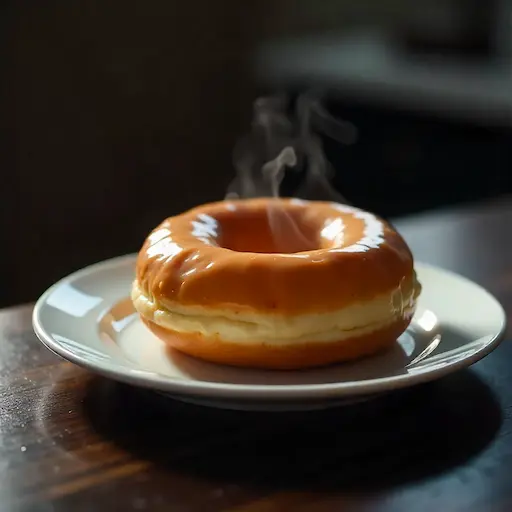 Hot Krispy Kreme glazed donut on a plate after microwaving