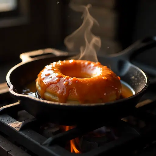 Glazed Krispy Kreme donut sizzling in a pan for caramelized crisp edges