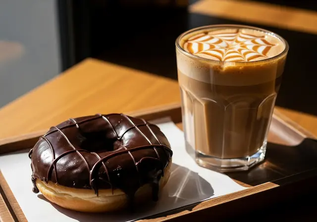 Krispy Kreme donut and coffee combos shown with a Chocolate Iced donut on a tray beside a steaming Caramel Mocha, sunlight highlighting the glaze