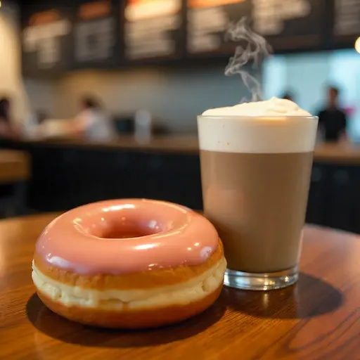 Close-up of a glossy Krispy Kreme Original Glazed donut beside a hot latte, with a blurred Krispy Kreme menu board in the background.