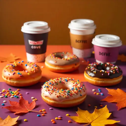 A colorful spread from the Krispy Kreme menu USA featuring assorted donuts with Halloween sprinkles and Krispy Kreme coffee cups arranged on a vibrant table with fall leaves.