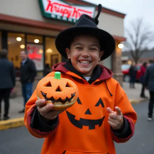 A customer in a Halloween costume holding a free Jack-O-Lantern donut outside a Krispy Kreme store entrance.