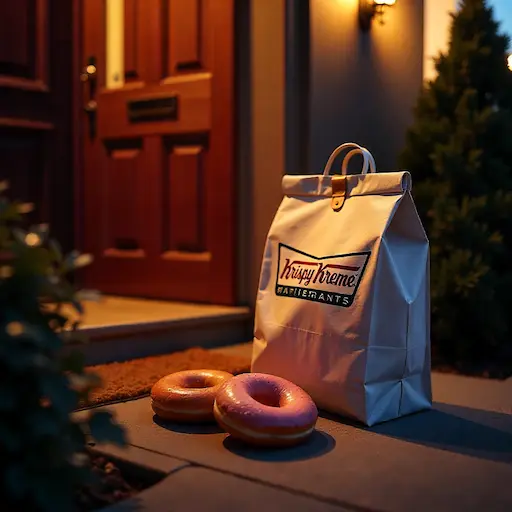 Krispy Kreme delivery bag on a doorstep with Halloween donuts spilling out under the porch light, with digital app notifications like “Order Placed!” highlighting the spooky season delivery vibe.