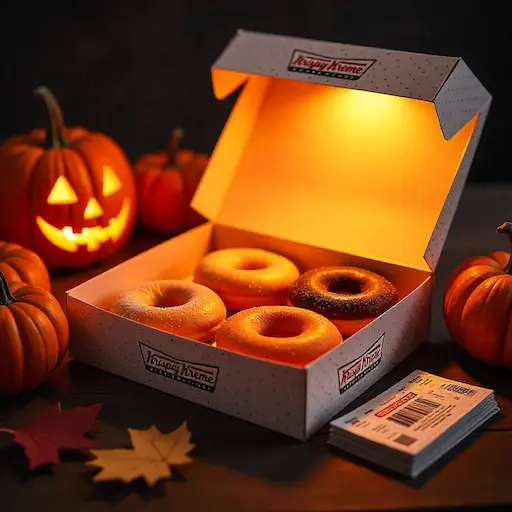 A glowing Krispy Kreme box filled with Halloween-themed donuts, surrounded by pumpkins and a stack of festive coupons, highlighting Krispy Kreme specials for the spooky season.