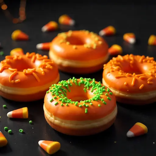 Krispy Kreme limited time menu Halloween donuts, featuring orange jack-o-lantern designs and green spooky sprinkle donuts under dim festive lighting with candy corn accents.