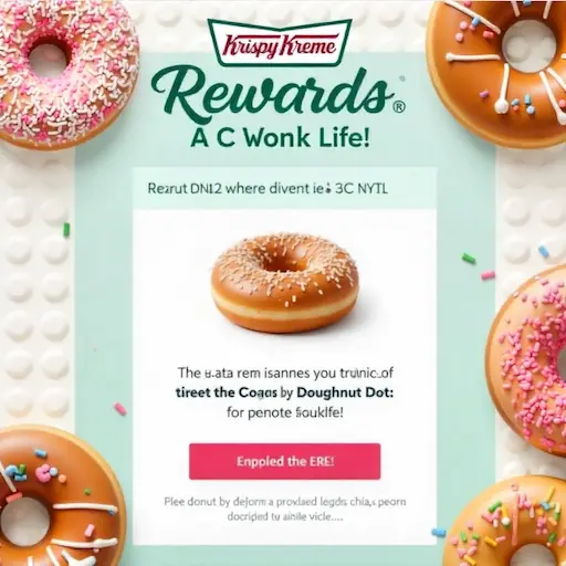 Krispy Kreme Rewards screen on a smartphone showing a free donut unlocked, with colorful sprinkled Doughnut Dots scattered around.