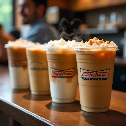 A lineup of Krispy Kreme coffee drinks from the Krispy Kreme coffee menu displayed on a counter, with steam rising from hot cups and ice glistening in the chilled ones.