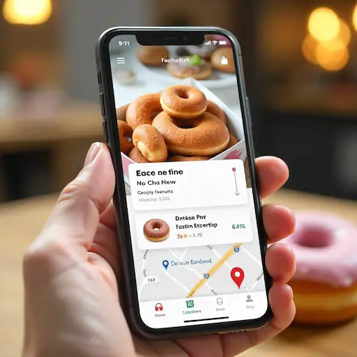 Smartphone screen displaying the Krispy Kreme app with a pickup order and a map pin highlighting the nearest Krispy Kreme store location