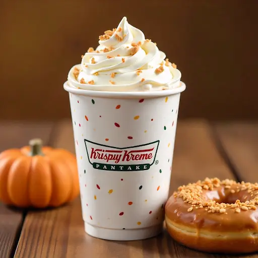 Krispy Kreme Pumpkin Spice Latte topped with whipped cream beside a fall-themed donut, representing a seasonal pick from the Krispy Kreme coffee menu.