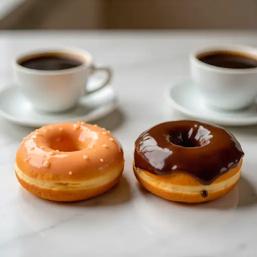 A side-by-side display of popular Krispy Kreme donuts, featuring the shiny Original Glazed next to the Chocolate Iced donut on a marble counter with steaming coffee cups.