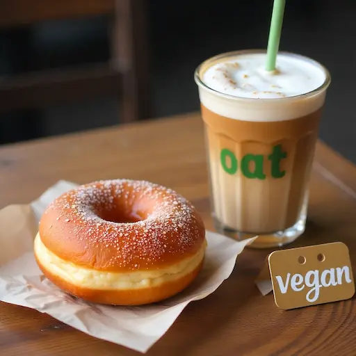 Vegan-friendly Krispy Kreme donut paired with an oat milk latte on a rustic wooden table, with a small “vegan” sign in view.