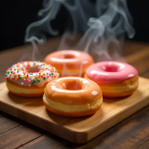 A wooden board filled with a vibrant assortment of popular Krispy Kreme donuts, including steaming Original Glazed and sprinkled varieties, showcasing fillings and toppings for a delicious display.