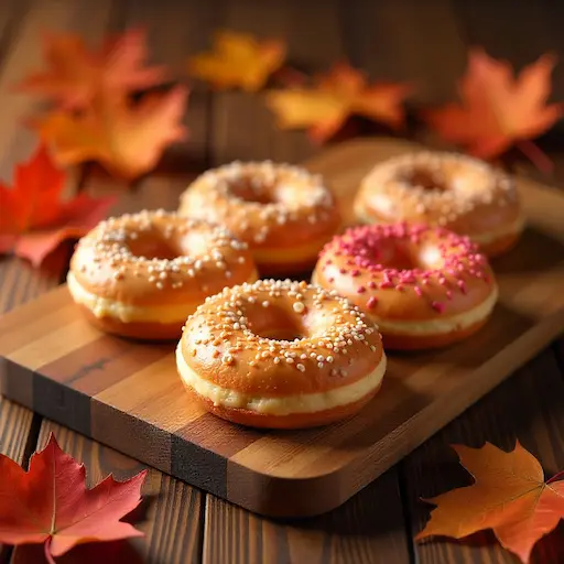 Krispy Kreme's new fall-flavored donuts displayed on a rustic wooden tray, surrounded by colorful autumn leaves. Flavors include pumpkin spice, apple cider, and maple glaze.