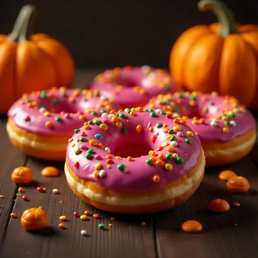 A festive Halloween display featuring Krispy Kreme Halloween-themed donuts surrounded by trick-or-treat candy, mini pumpkins, and spooky decorations.