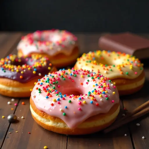 Hogwarts-themed donuts inspired by the four house colors—red, green, blue, and yellow—displayed with magic wands, spell books, and a wizardly backdrop.