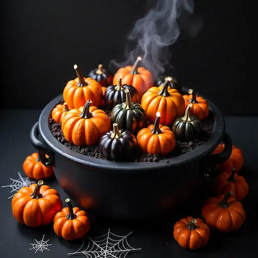 Overhead shot of the Krispy Kreme Trick or Treat! Collection donuts displayed in a black cauldron with steam rising, surrounded by faux spiderwebs and LED pumpkins from the limited time Halloween menu.