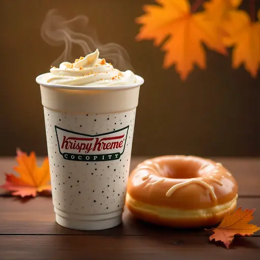A steaming Krispy Kreme latte from the Krispy Kreme coffee menu placed beside a freshly glazed donut, with autumn leaves softly blurred in the background.
