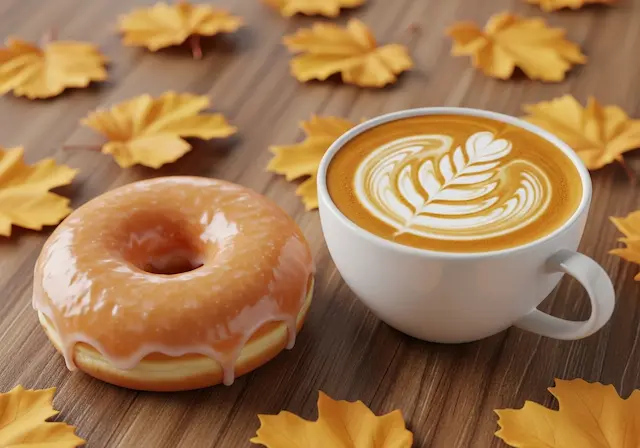 Krispy Kreme donut and coffee combos featuring a warm Original Glazed donut with a Pumpkin Spice Latte on a cozy fall-themed table with scattered leaves