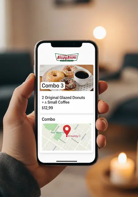 Krispy Kreme donut and coffee combos displayed on a phone screen, showing a combo order in the Krispy Kreme app with a map pin on the nearest shop location